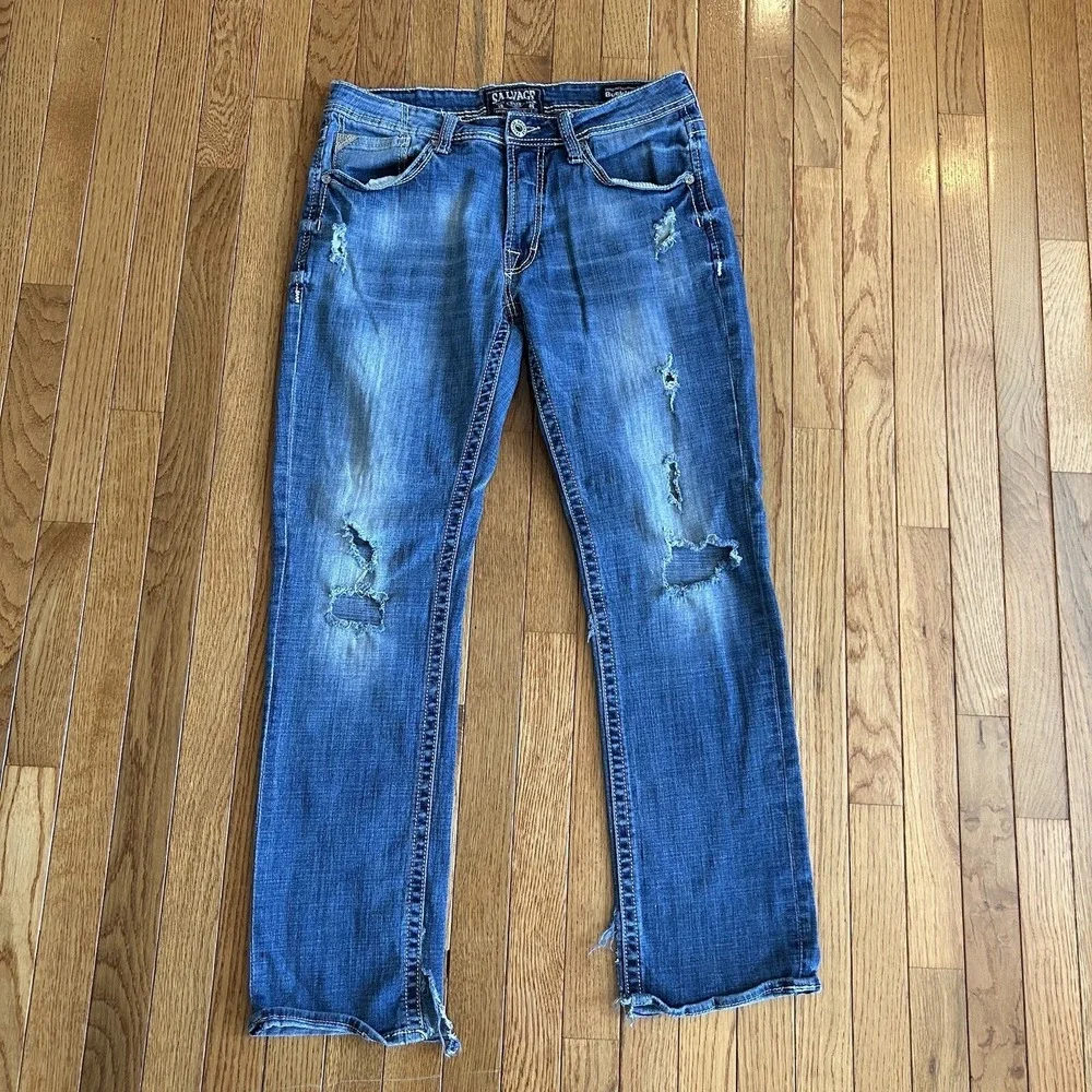 Salvage by Buckle Havoc Slim Straight Mens Jeans Size 34R Blue Distressed FLAWS‎